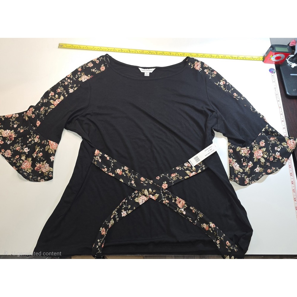Counterparts Boho Floral Trim Bell Sleeve Tie Front Black Knit‎ Top Women's L